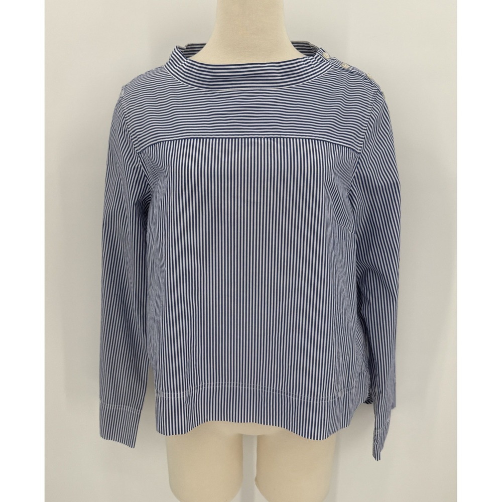 J.Crew Womens Blue Striped Funnelneck Button Shoulder Top Size 12 Preppy Classic